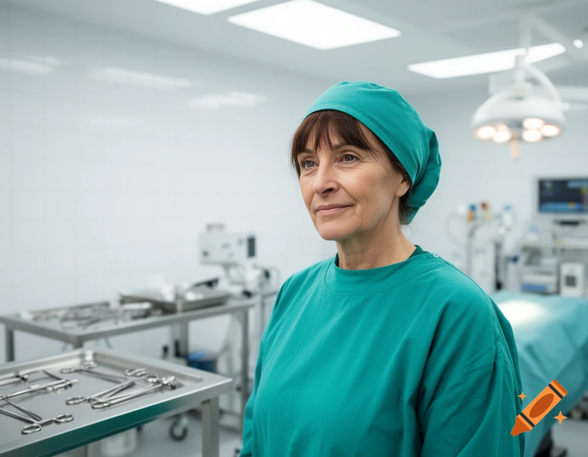 A smiling 50-year-old female surgeon in teal scrubs and cap stands in an operating room.