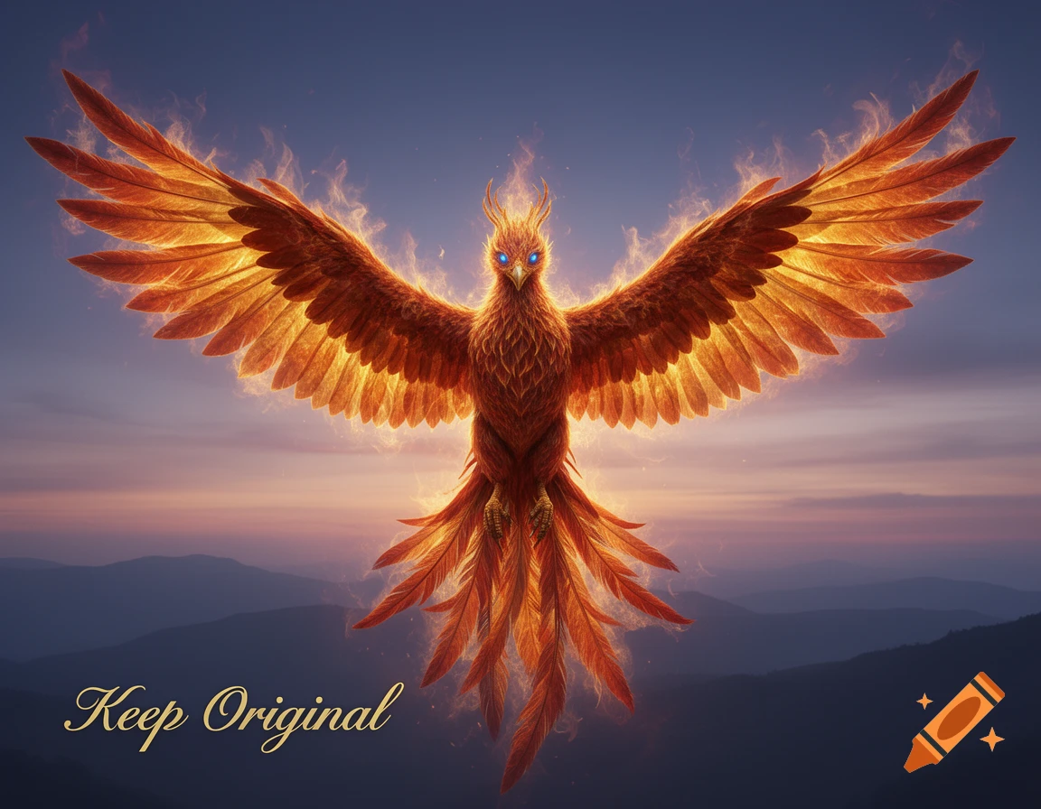 A majestic, fiery phoenix with glowing blue eyes spreads its wings against a dramatic sunset sky over mountains.