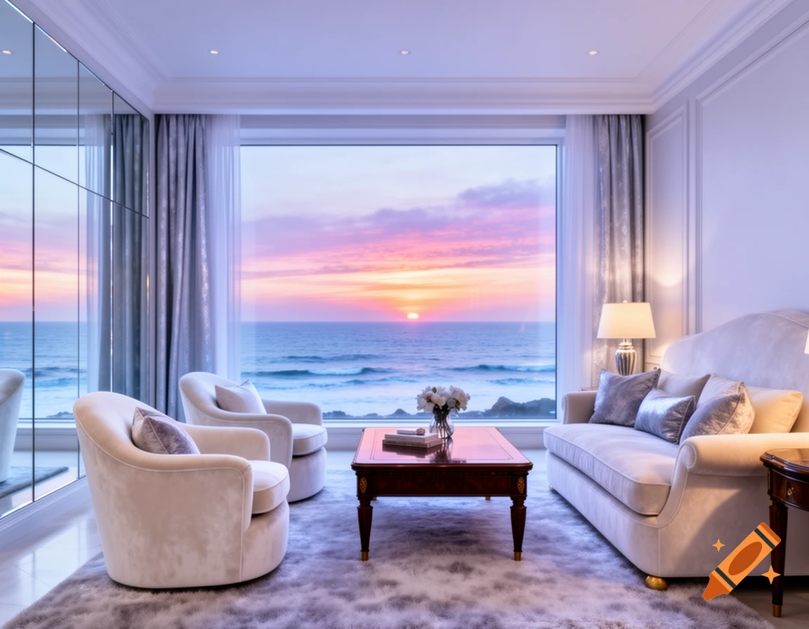 A luxurious living room with elegant cream-colored furniture, a wooden coffee table, and a large window showcasing a vibrant sunset over the ocean.