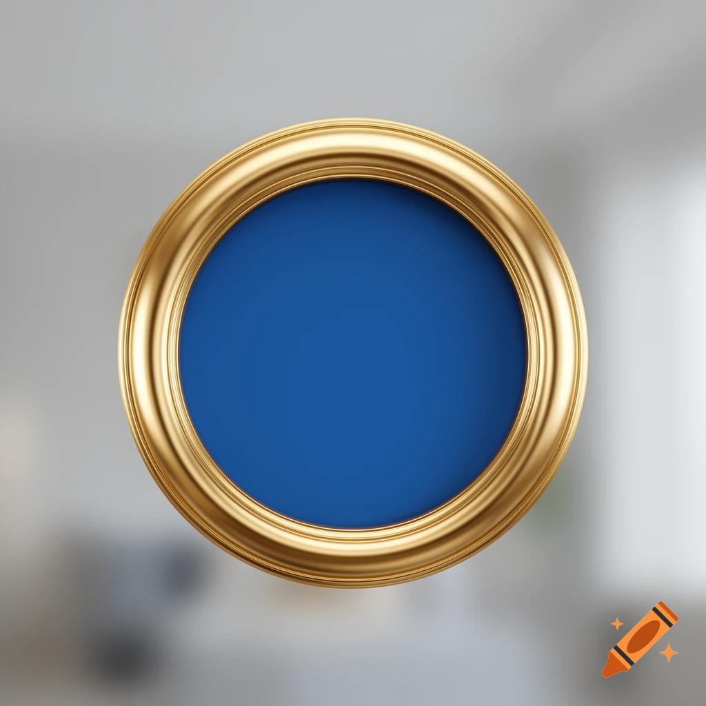 A bright gold round frame with a solid blue interior, against a blurred light background.