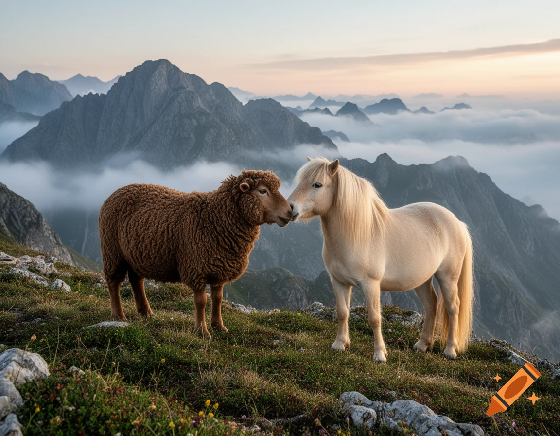 A brown sheep and a blonde horse touch noses on a grassy mountain with a majestic, cloud-covered range in the background at dawn.
