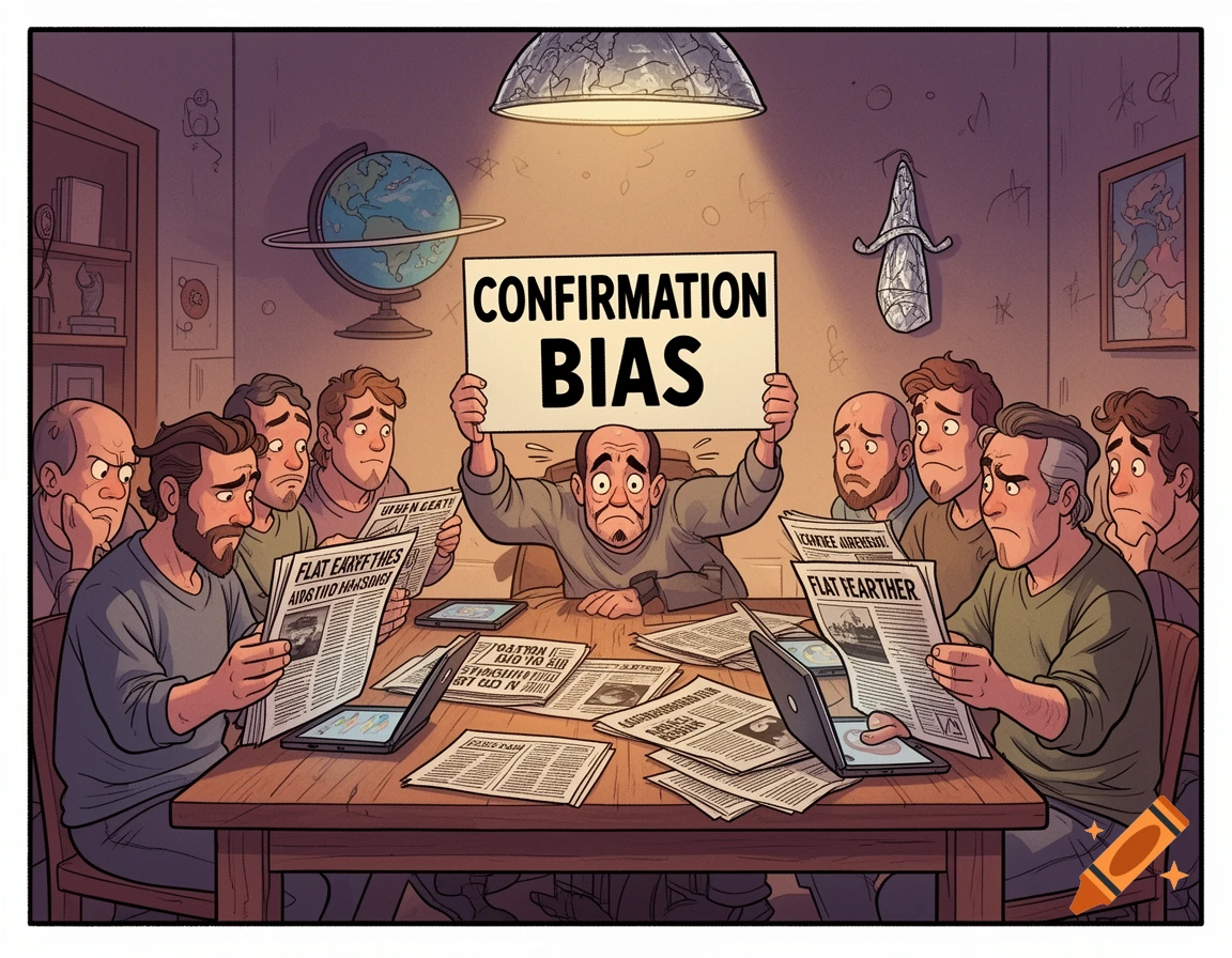 A group of men with worried expressions sit around a table piled with newspapers and laptops. One man in the center holds up a sign that reads 'CONFIRMATION BIAS.' Newspapers on the table have headlines like 'FLAT EARTHER' with garbled text.