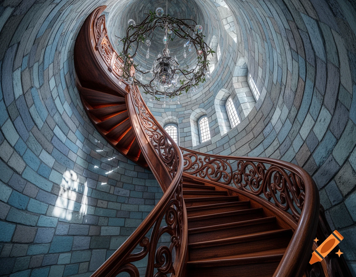 Grand wooden spiral staircase with ornate railings in a tall stone tower with arched windows and a chandelier.