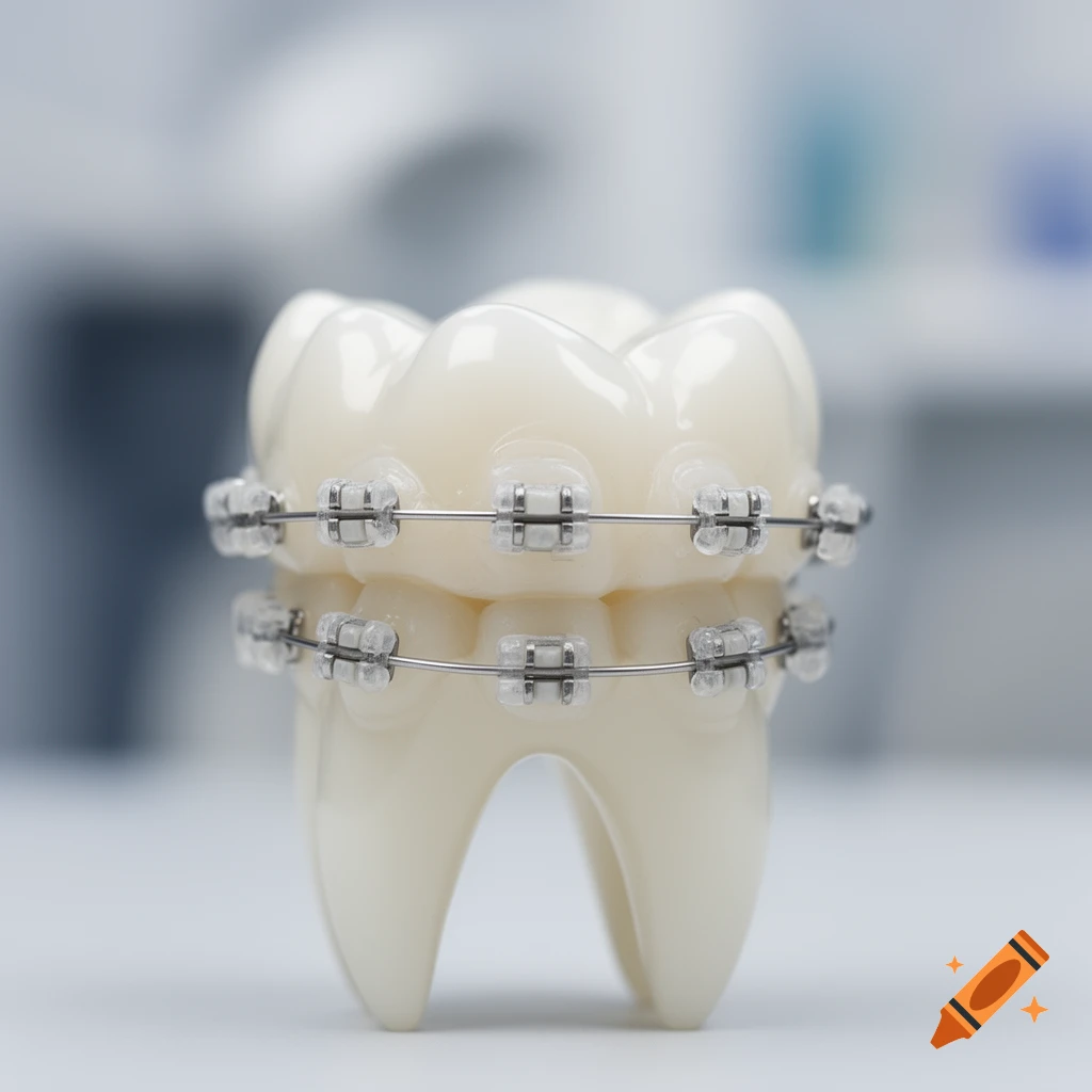 Close-up of a white anatomical tooth model with clear and metal dental braces.