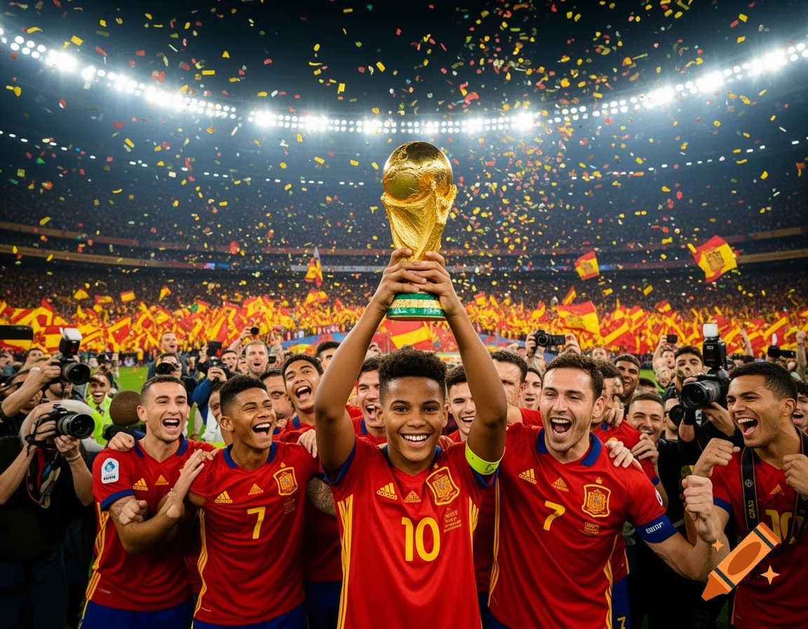 Photorealistic image of Spanish soccer players in a stadium celebrating with the World Cup trophy and falling confetti.