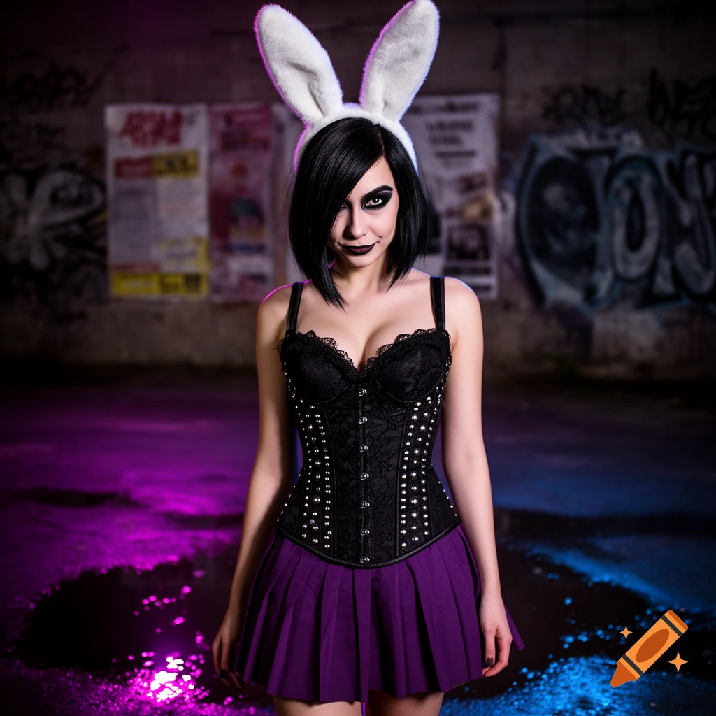 A woman in a black corset, purple skirt, and white bunny ears, with dark makeup, stands in a neon-lit urban alley.