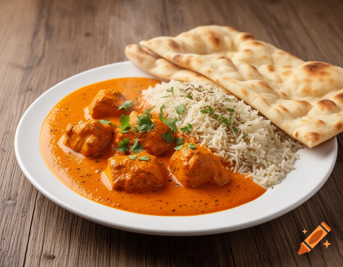 Photorealistic image of butter chicken, rice, and naan bread served on a white plate on a wooden table.