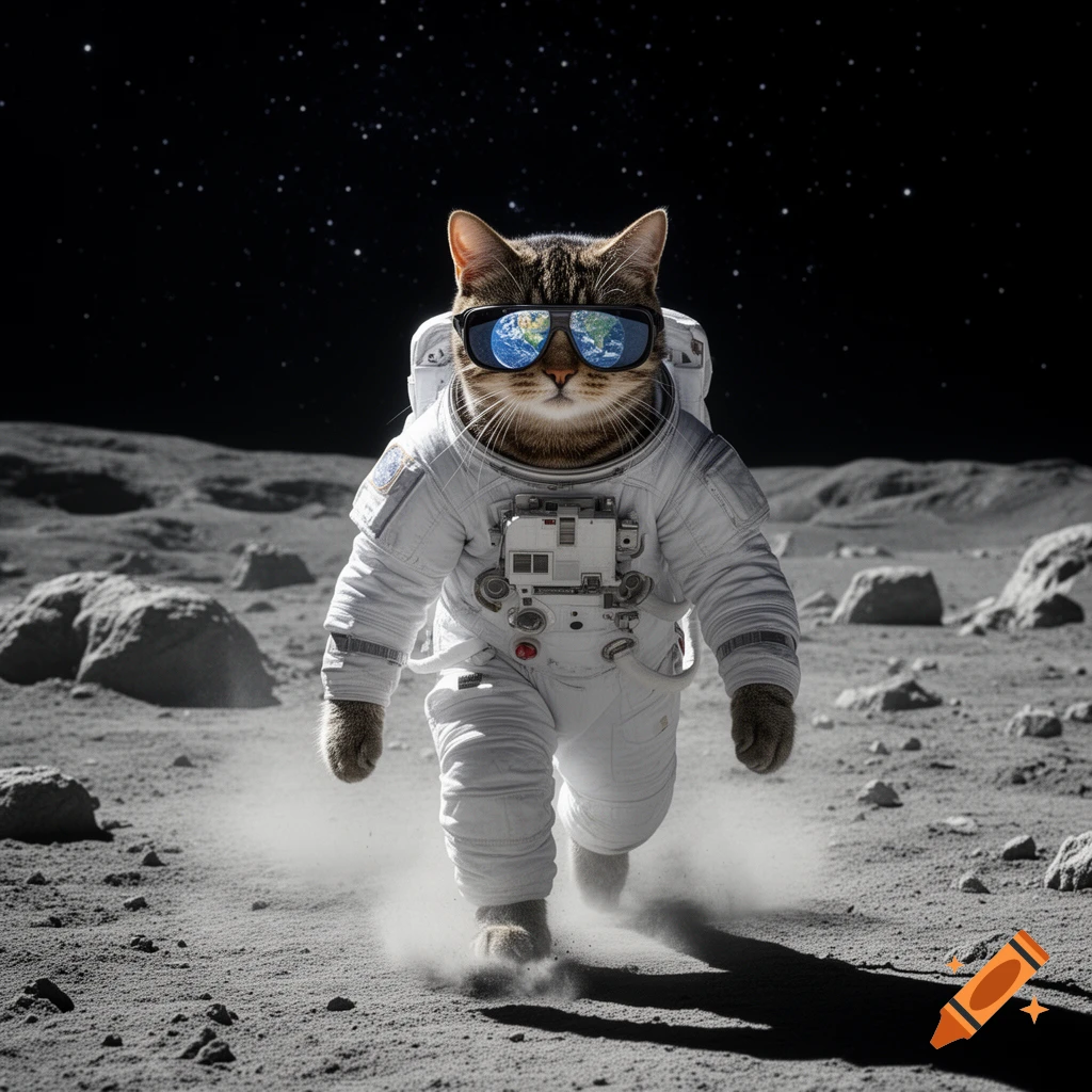 A photorealistic cat astronaut in sunglasses reflecting Earth walks on the moon, kicking up dust.