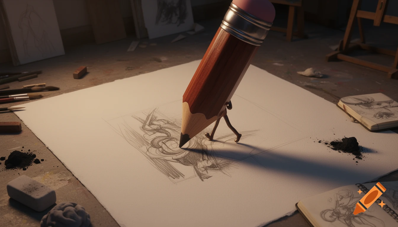 A walking pencil with tiny legs draws a detailed sketch on paper in a cinematic artist's studio.