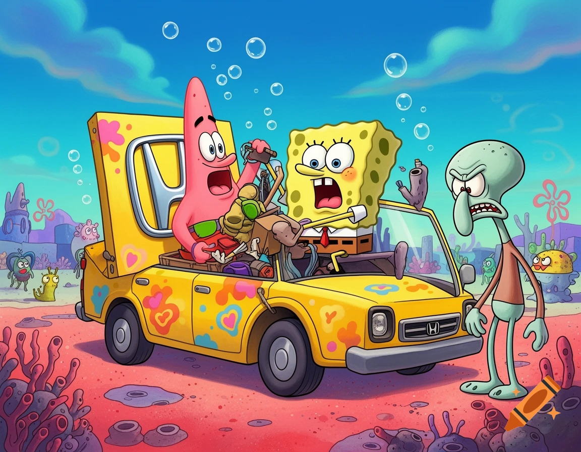 SpongeBob and Patrick ride in a yellow, flower-decorated Honda car underwater, looking surprised as an angry Squidward stands beside them.