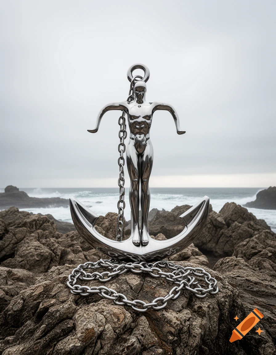 A chrome human-shaped anchor with a chain rests on dark rocks by the ocean under a cloudy sky.
