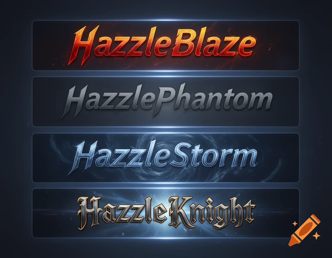 Four stylized gamertag options: HazzleBlaze (fiery), HazzlePhantom (metallic), HazzleStorm (icy), and HazzleKnight (golden, gothic).