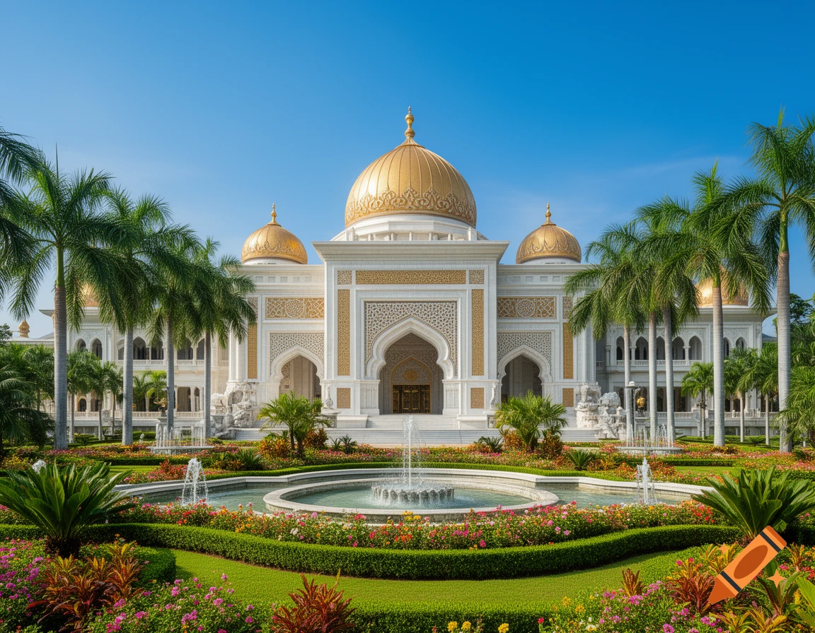 A grand white palace with golden domes and intricate archways, surrounded by lush green gardens, vibrant flowers, palm trees, and ornate fountains under a clear blue sky.