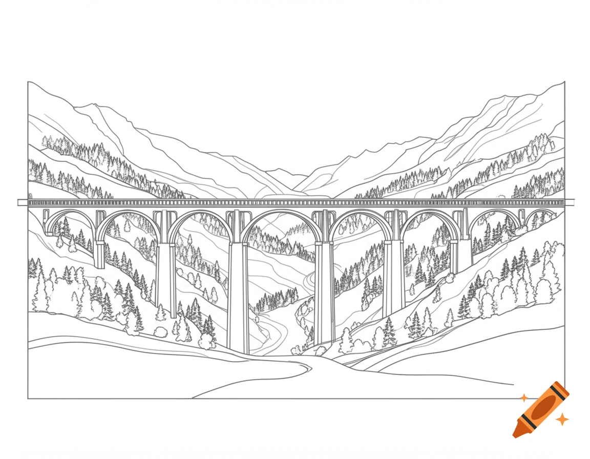 Line art drawing of a long arched viaduct spanning a forested mountain valley.