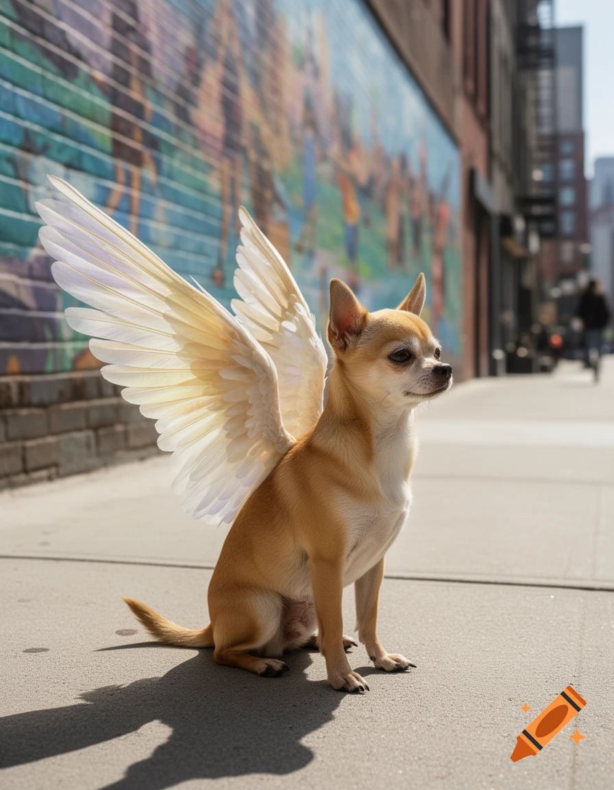 A photorealistic image of a chihuahua with white wings, sitting on a sidewalk in front of a colorful mural in a city.