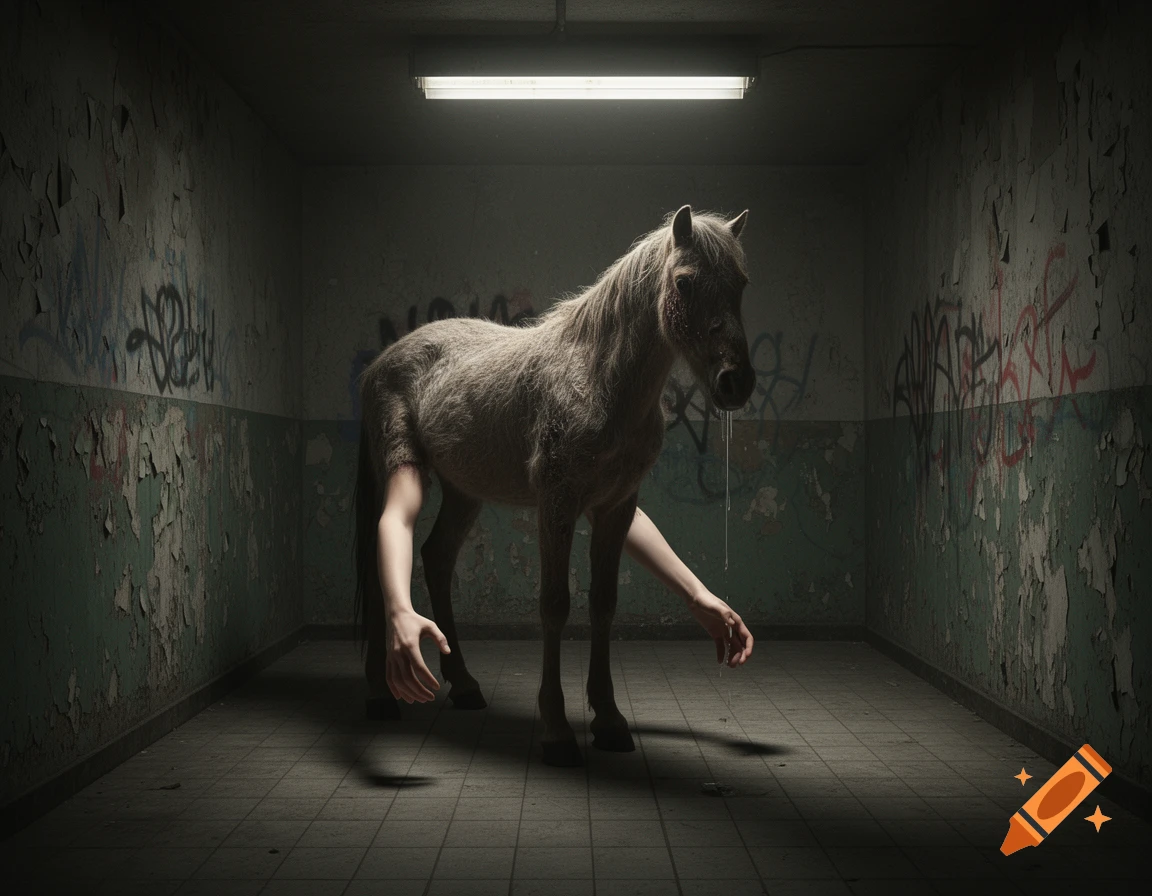 A surreal, deformed horse with human arms instead of front legs stands in a dark, graffiti-covered room, white liquid dripping.