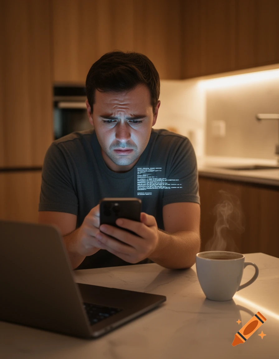 A distressed man looks at his smartphone, with glowing lines of code projected onto his chest, next to a laptop and a steaming mug.