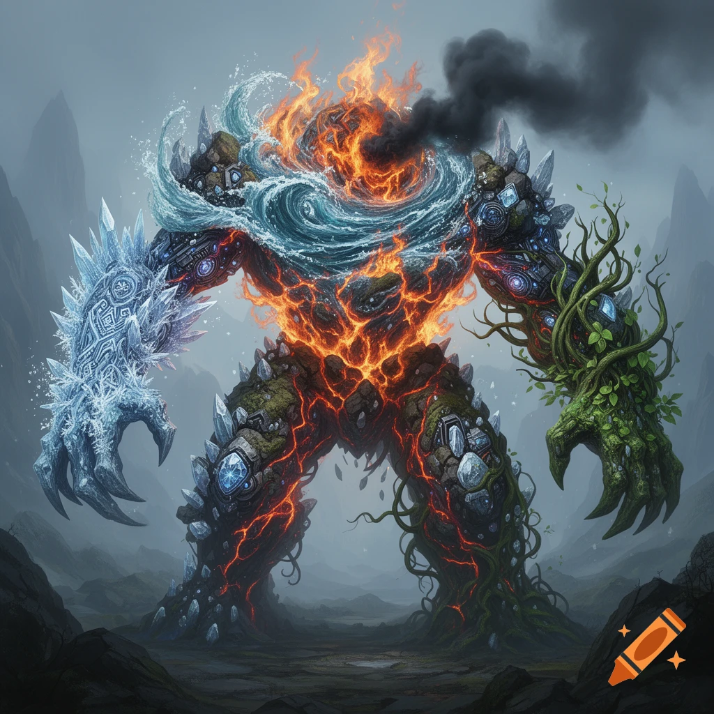 A colossal elemental monster made of fire, earth, ice, water, and plant matter, standing in a desolate landscape.
