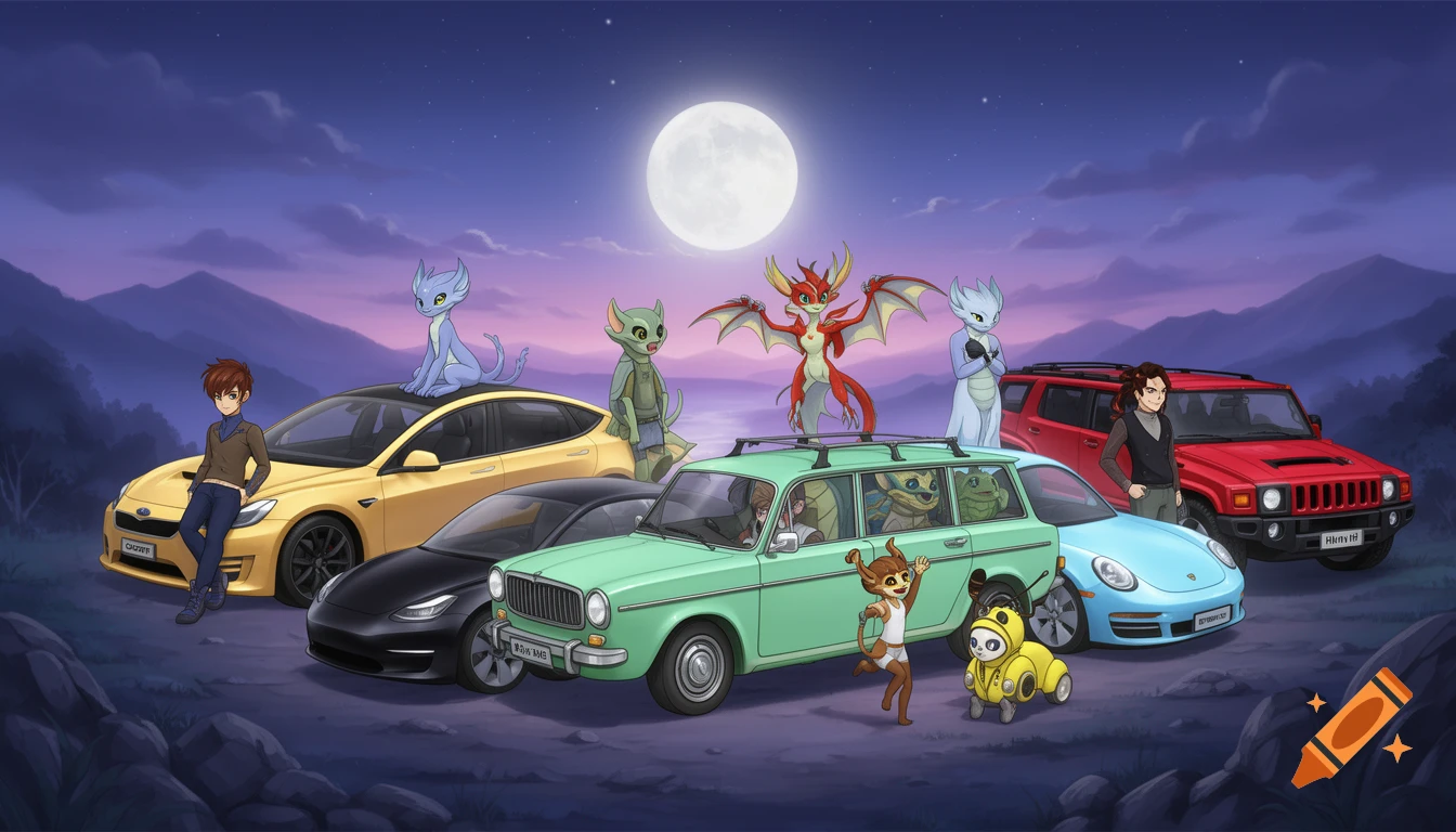 Cartoon fantasy characters and anime-style humans pose with various cars under a full moon in a mountain landscape.