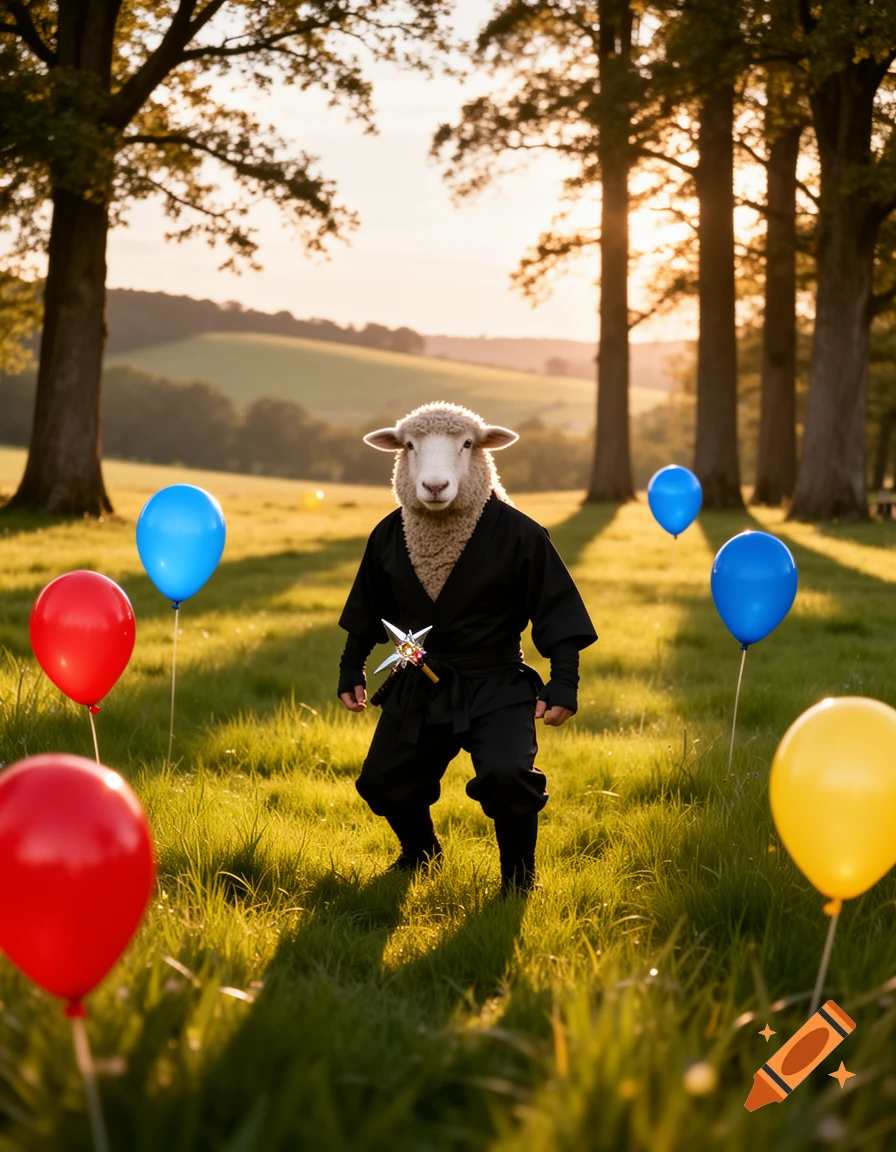 A sheep with a ninja body holds a shuriken, standing in a sunny, grassy field surrounded by red, blue, and yellow balloons.