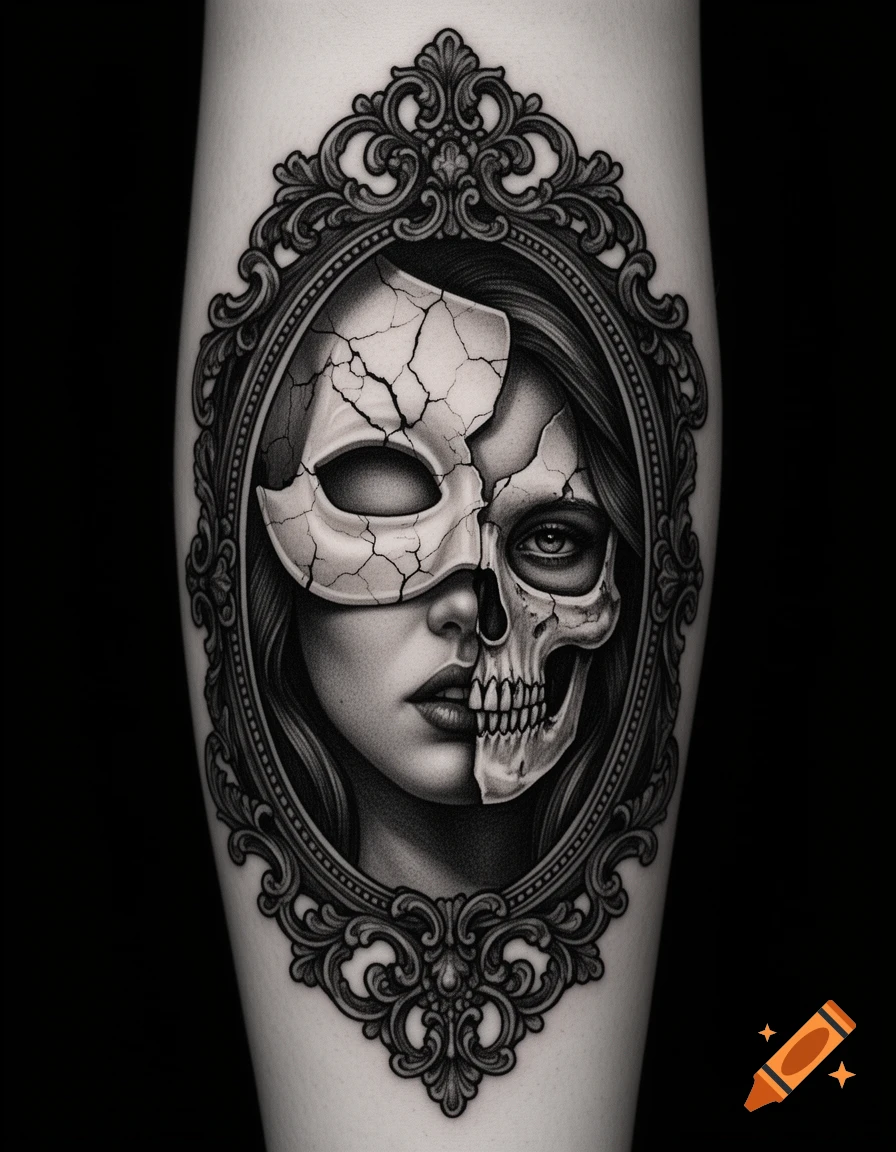 A detailed black and grey tattoo of a female portrait in an ornate mirror, with a cracked mask morphing into a skull.