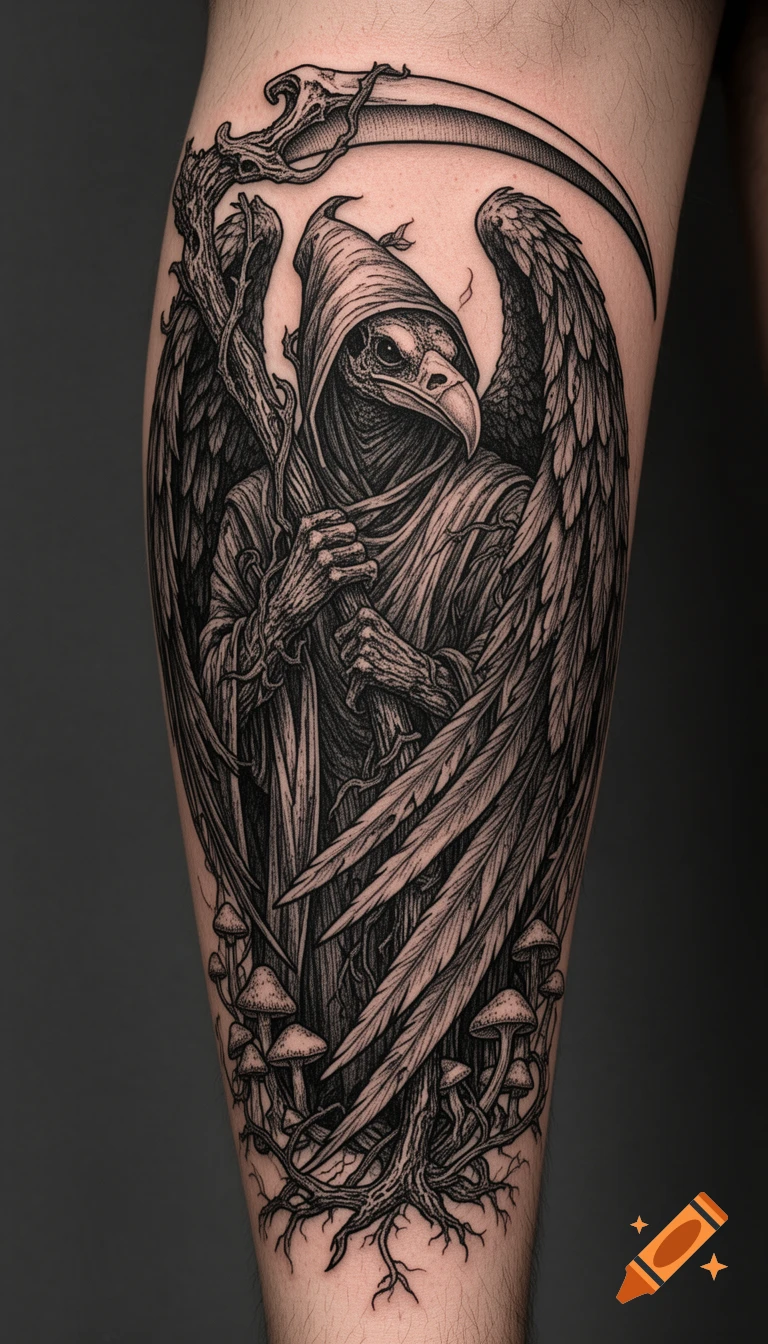 Black line art tattoo of a Grim Reaper-like figure with a vulture head, feathered wings, vine hands holding a bone scythe, and mushrooms and roots at its base, on a person's shin.