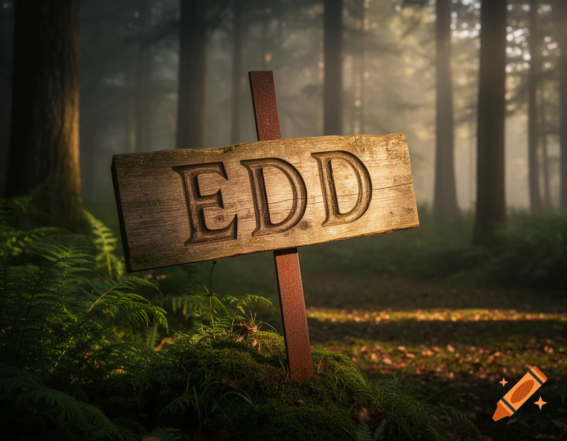 A rustic wooden sign with 'EDD' carved into it stands in a sunlit, misty forest, surrounded by ferns and moss.