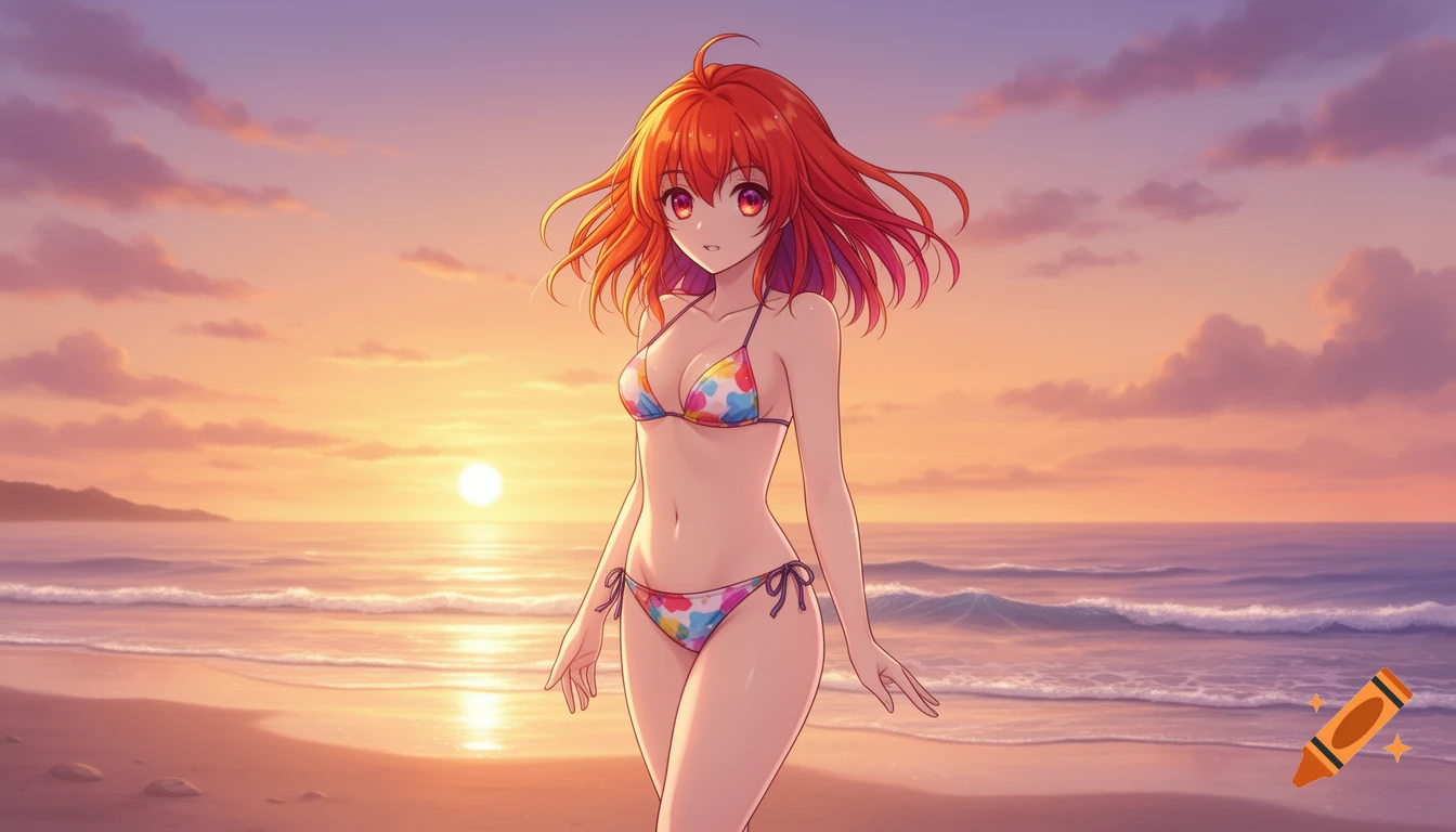 An anime girl with orange hair and a colorful bikini stands on a beach during sunset in an anime art style.