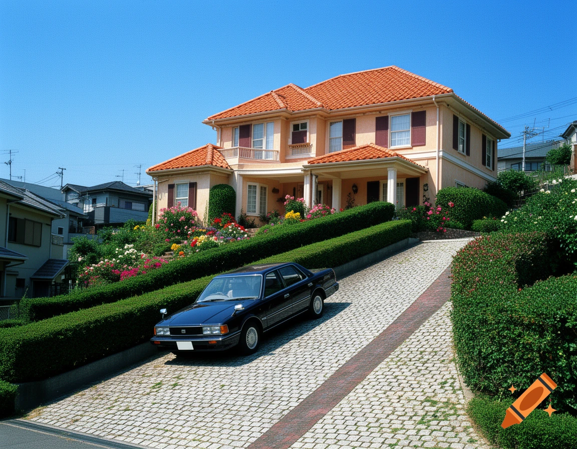 A dark blue car on a steep paved driveway in front of a two-story house with an orange roof and vibrant garden, under a clear blue sky.