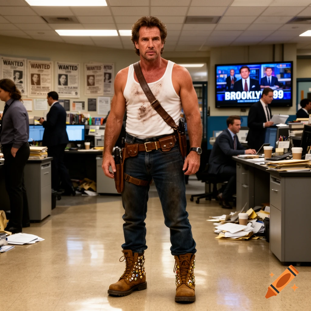 A muscular man in a dirty white tank top, jeans, tactical belt, and embellished boots stands in a busy office with a TV displaying "BROOKLYN 99".