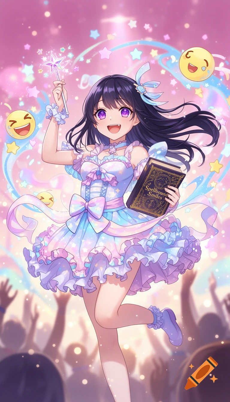 An anime girl in a pastel frilly dress holds a magic wand and a 'Spellbound Smiles' book, surrounded by stars and emojis, with a cheering crowd.