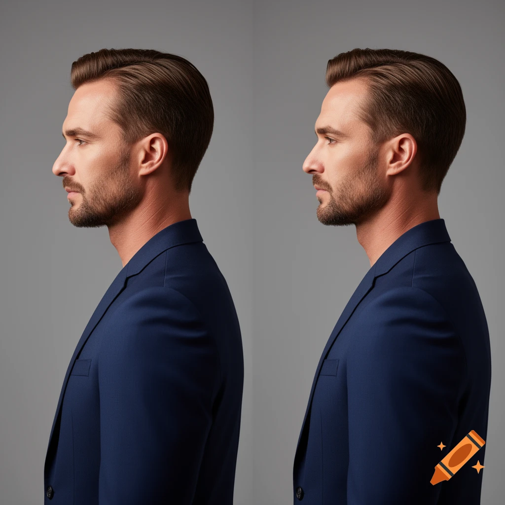 Two photorealistic side profiles of a man in a navy suit with neatly styled hair and a beard, against a gray background.