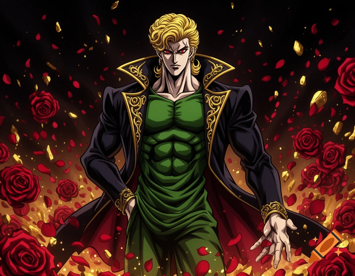 Anime illustration of a muscular blonde man in an ornate black and gold coat, with red eyes, amidst falling rose petals and gold.