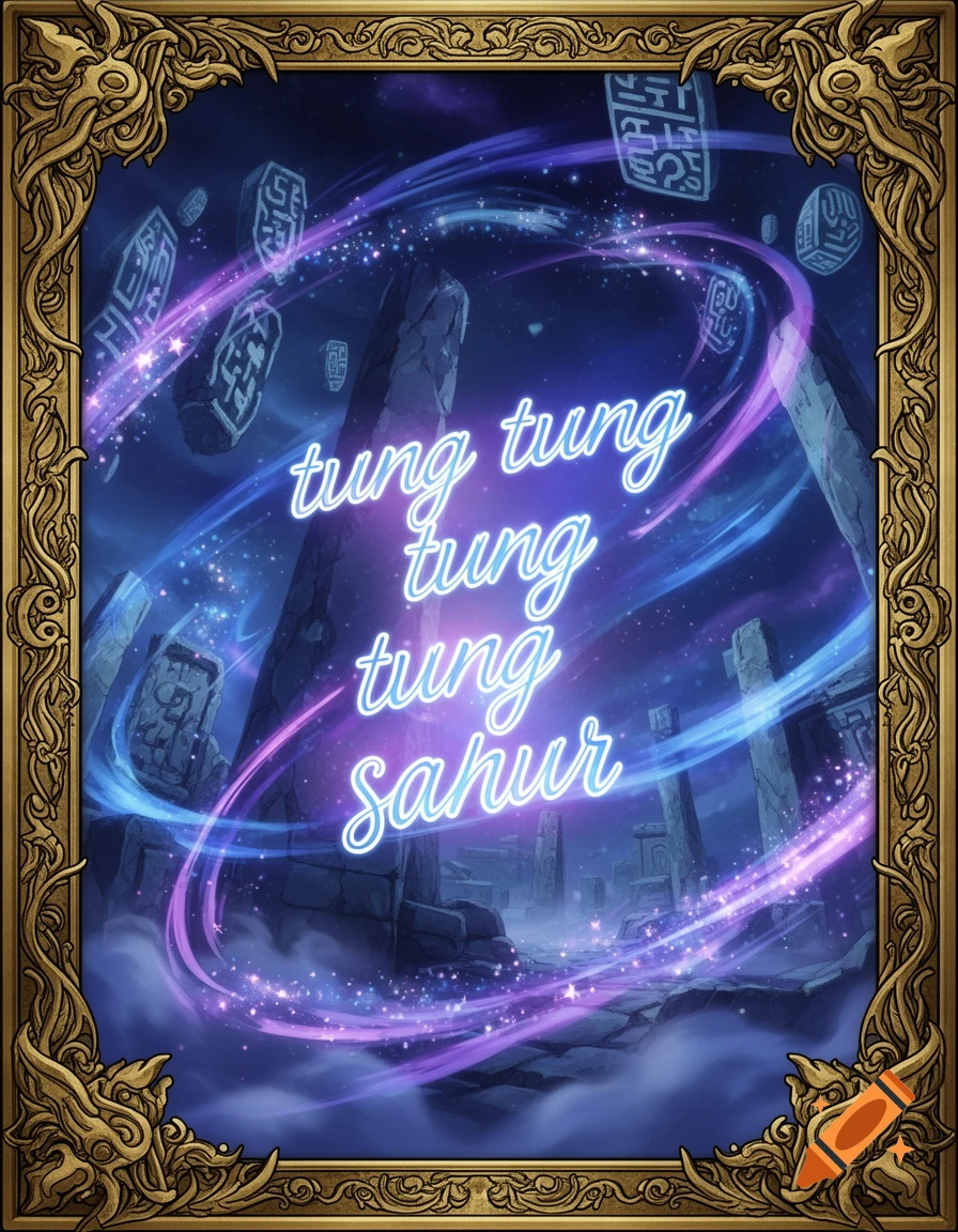 A fantasy card with a gold frame, showing a cosmic scene with glowing 'tung tung tung tung sahur' text and floating ruins.