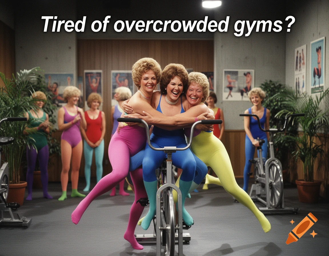 Three women in 80s activewear laugh while awkwardly sharing a stationary bike in a gym, with others in the background. Text reads: "Tired of overcrowded gyms?"