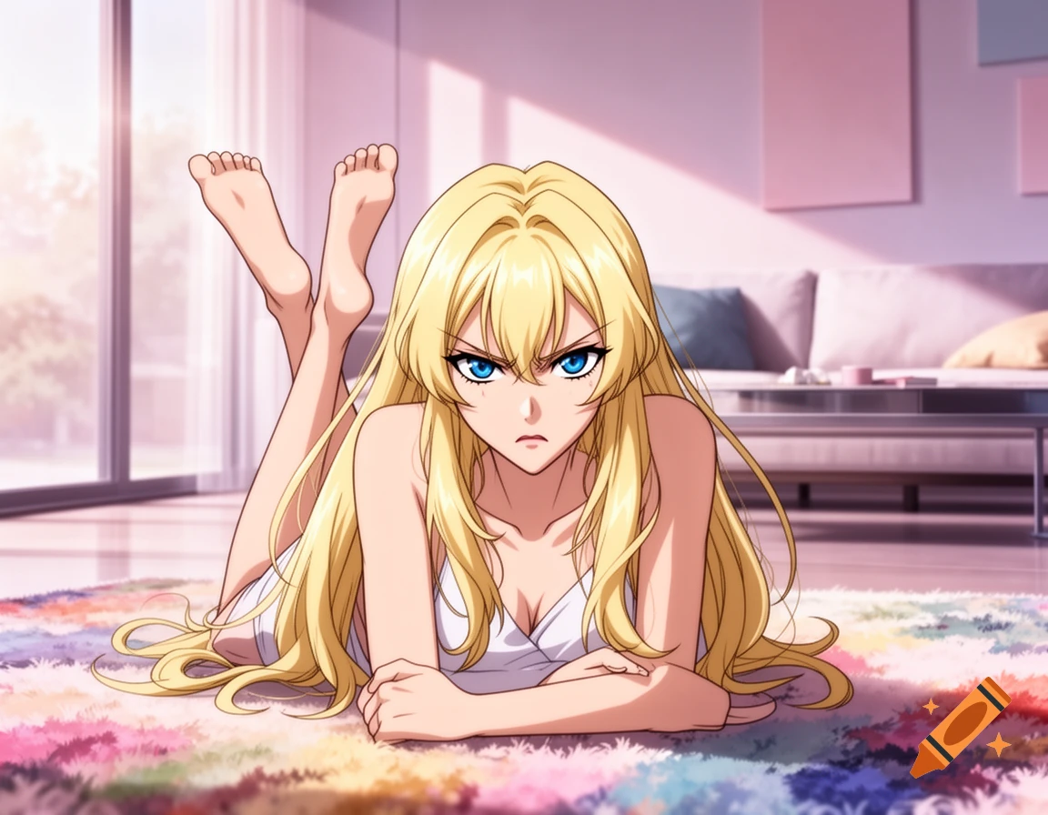 An angry blonde anime woman with blue eyes lies on her stomach on a colorful rug in a living room, her bare feet up.