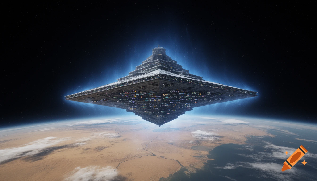 A colossal, triangular spaceship with many lights emerges from a blue glow above a desert planet. Photorealistic, cinematic.