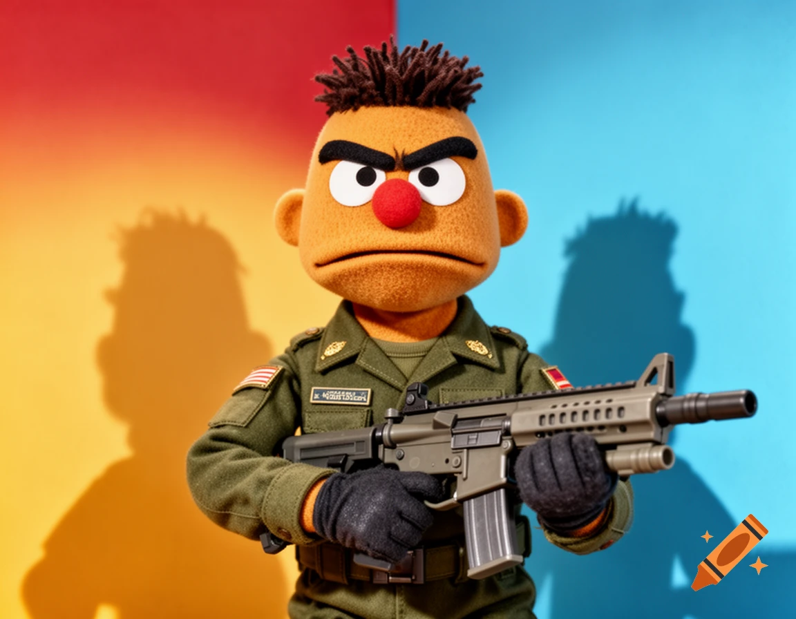 An angry Bert puppet in a military uniform, wearing black gloves, holds a rifle with both hands against a red, orange, and blue background.