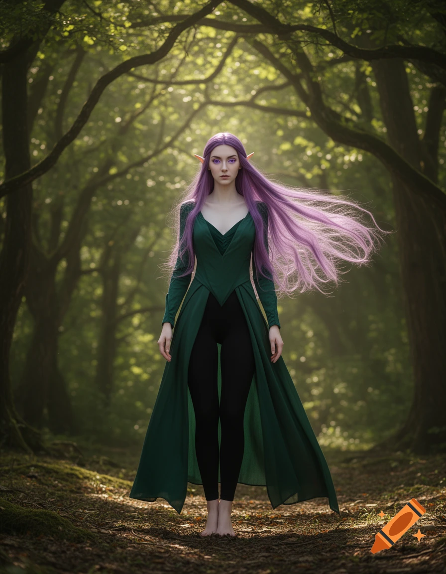 A photorealistic elf woman with long purple hair, wearing a green tunic and black leggings, standing barefoot in a sunlit forest.