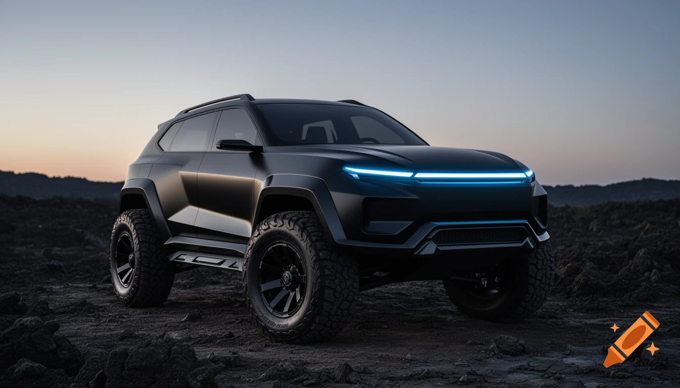 Matte black electric off-road SUV with bright blue LED lights, carbon fiber accents, and rugged tires on a rocky landscape at dusk.