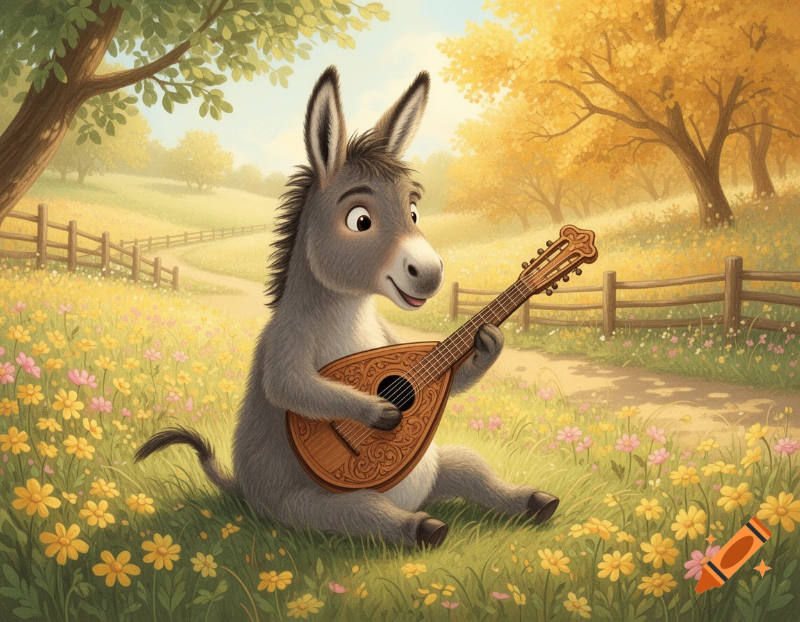 A cartoon donkey sits in a sunny flower-filled field, happily playing a lute in an artistic illustration.