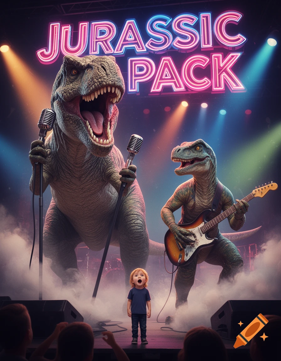 A T-Rex sings into two microphones, a raptor plays guitar on a smoky stage with a neon 'Jurassic Pack' sign, as a child watches in awe.