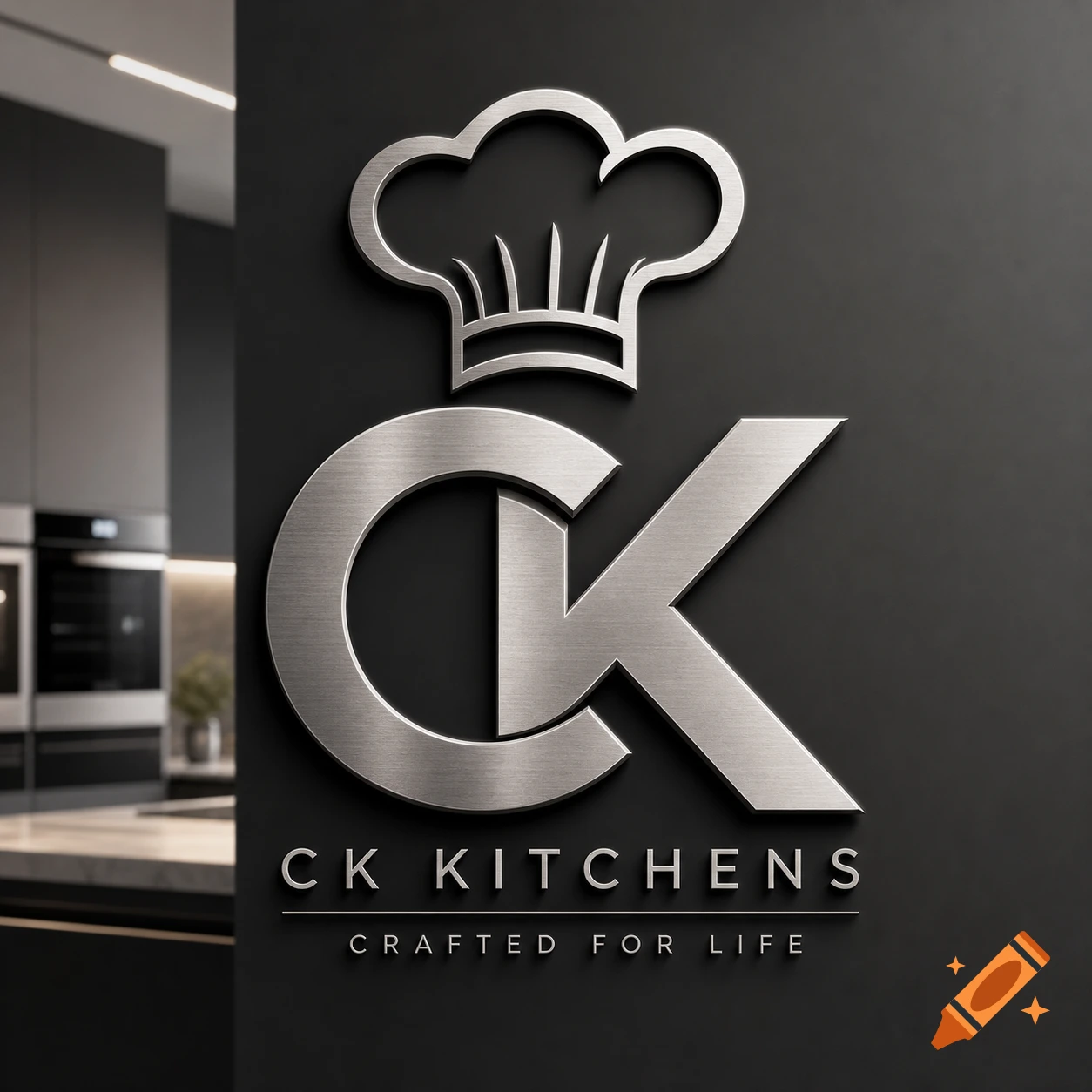 Metallic 'CK' logo with a chef's hat, text 'CK KITCHENS CRAFTED FOR LIFE' on a dark wall with a blurred modern kitchen background.