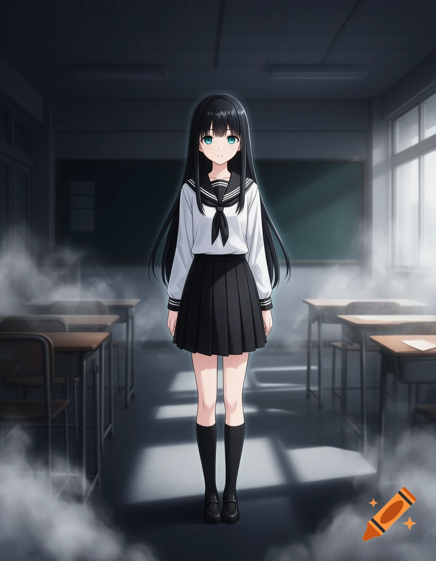 Anime schoolgirl with long black hair and a sailor uniform stands in a misty, shadowed classroom.