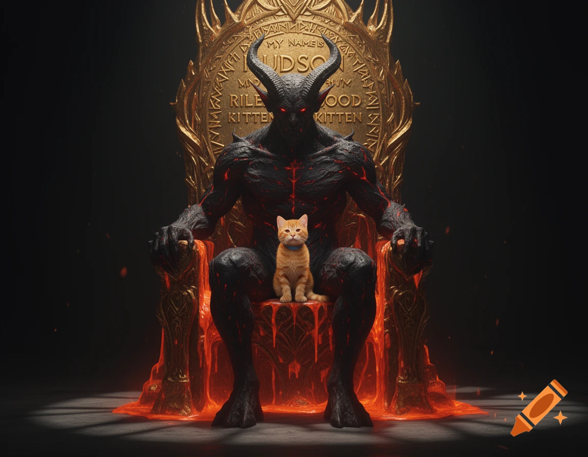 A demon lord with horns and glowing red eyes sits on an ornate golden throne dripping with lava, holding a small orange cat on his lap.