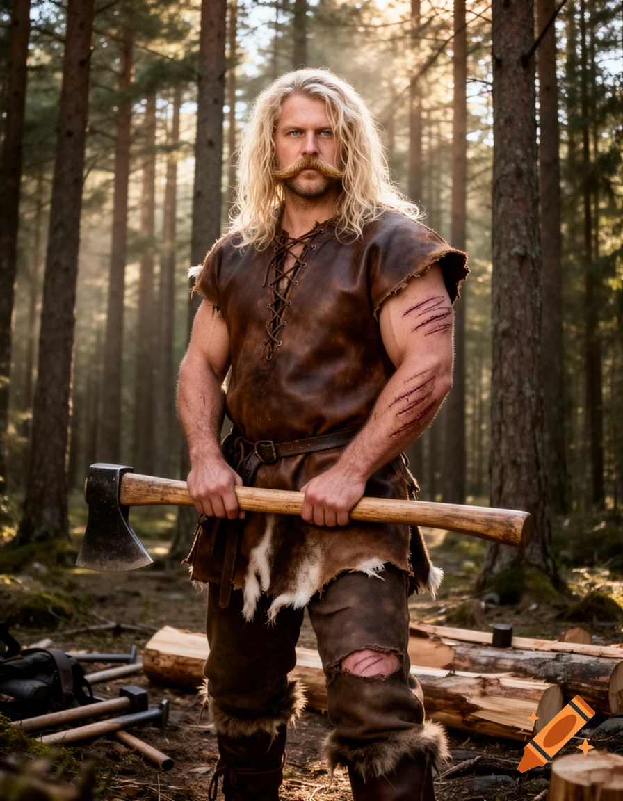A long-haired, muscular man with a mustache and scars, dressed in leather, stands holding an axe in a sunlit forest.