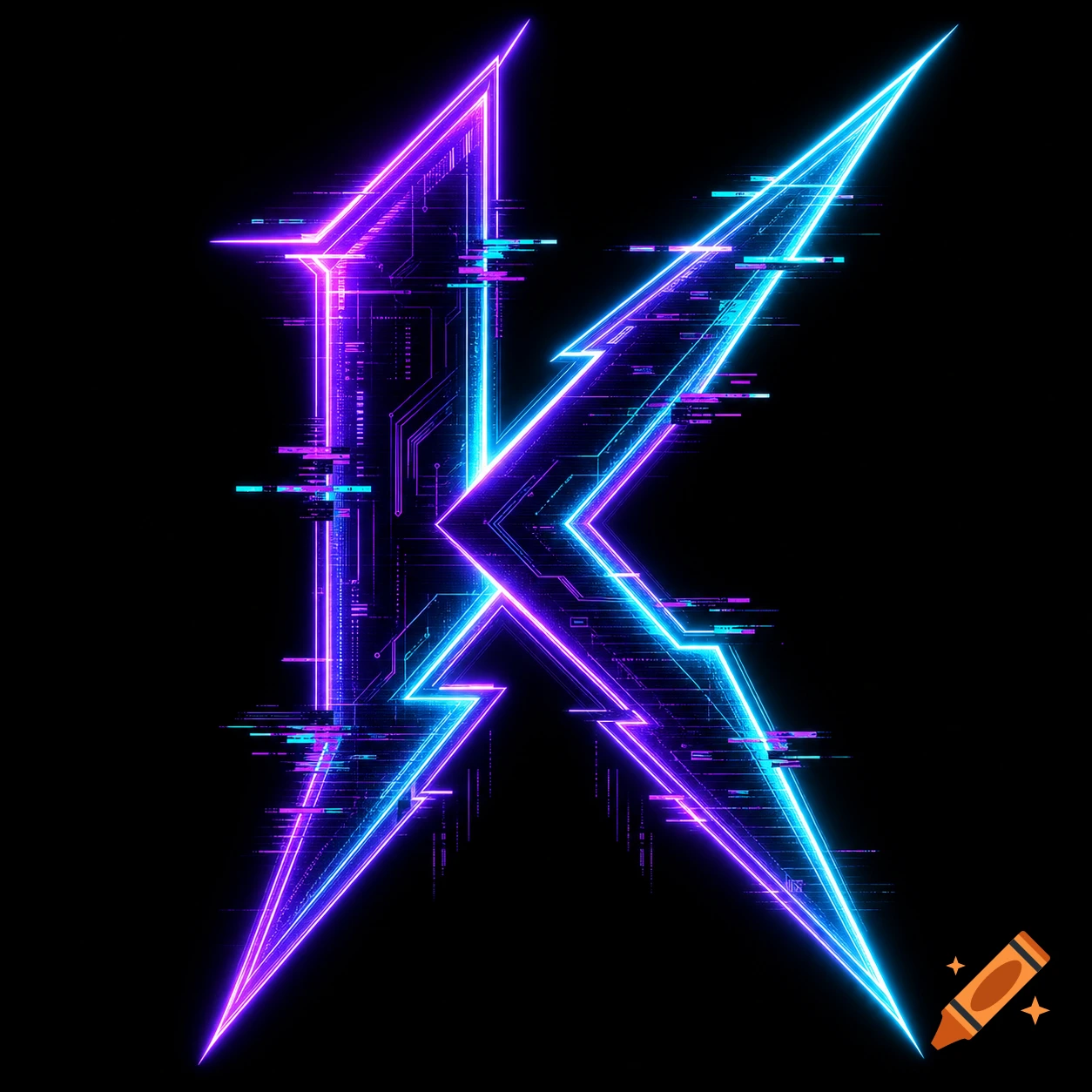 A stylized letter K rendered with glowing neon purple and cyan lines, featuring digital glitch effects on a black background.