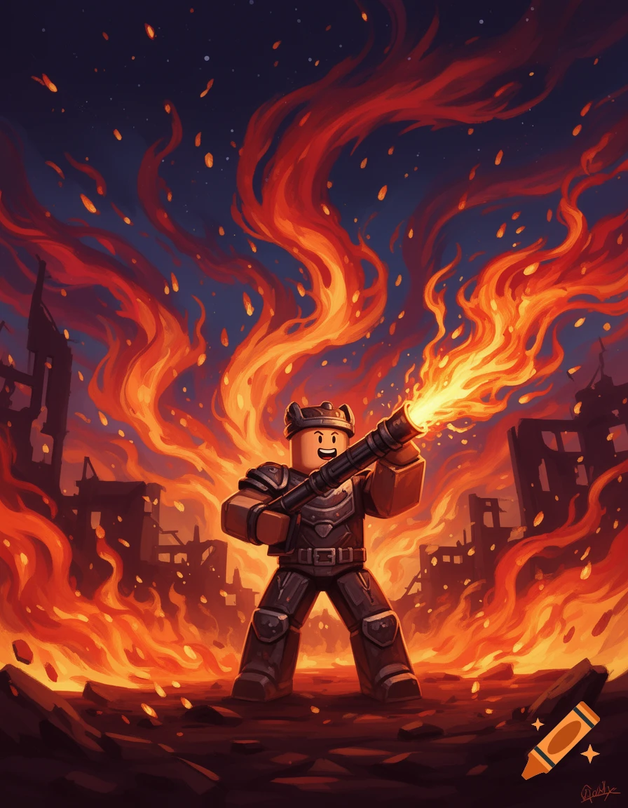 A Roblox-style character with a flamethrower stands in a burning, ruined city, flames engulfing the background. Digital art.