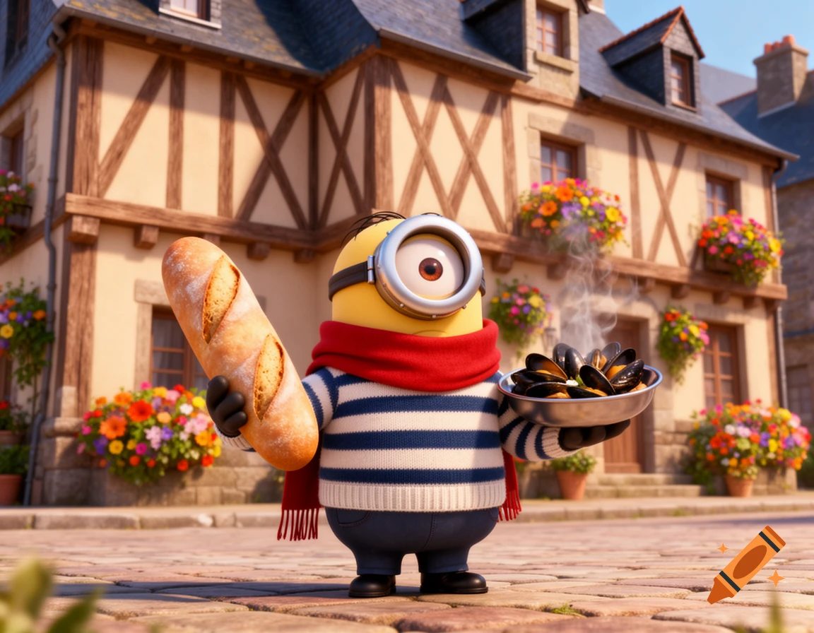 A Minion in a Breton striped sweater and red scarf holds a baguette and a bowl of steaming mussels in front of a half-timbered house in Pixar style.