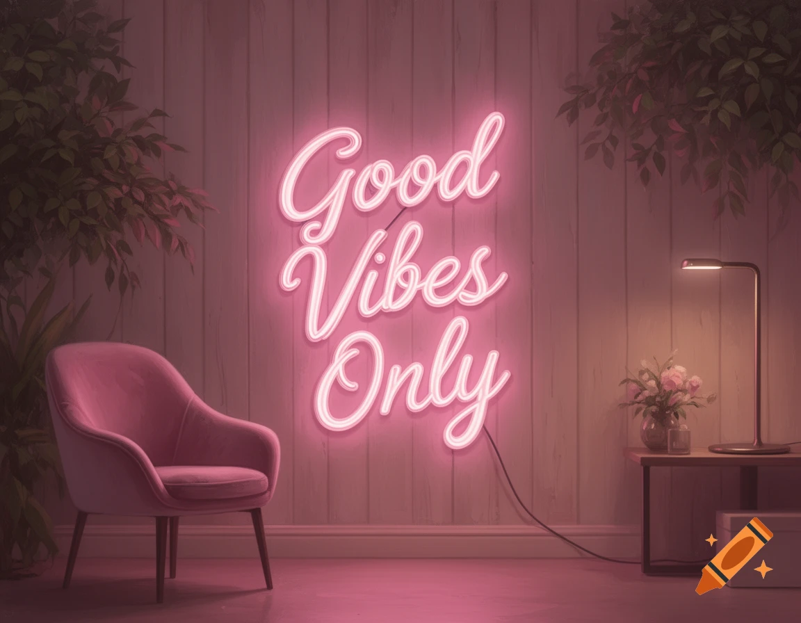 Pink neon sign reading 'Good Vibes Only' on a wood-paneled wall in a pink-toned room with an armchair and plants.